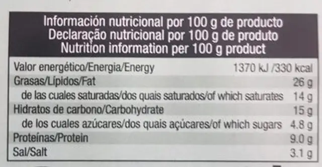 Barra de queso edam canal Horeca nutrition facts table