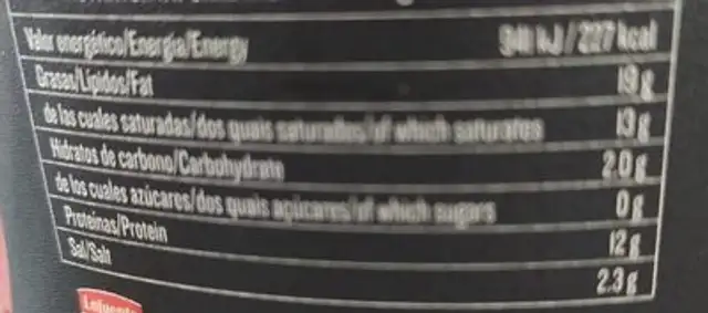 CREMA DE QUESO TEX MEX CON CHEDAR nutrition facts table