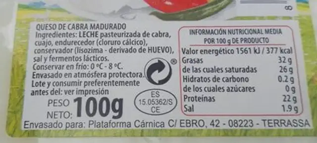 Queso cabra lonchas nutrition facts table