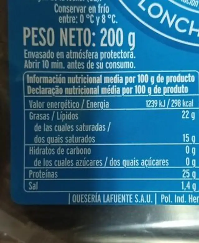 Mozzarella nutrition facts table