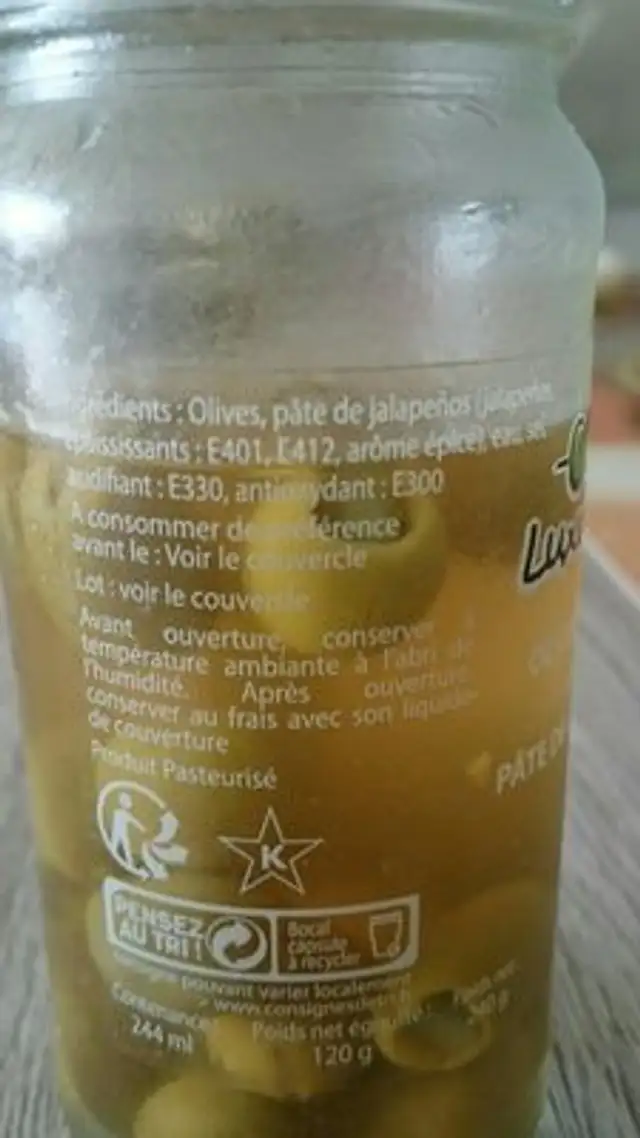 Olives farcies à la pâte de jalapenos ingredients label