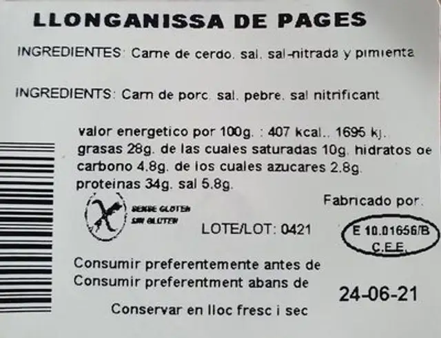 LLONGANISSA DE PAGÈS nutrition facts table