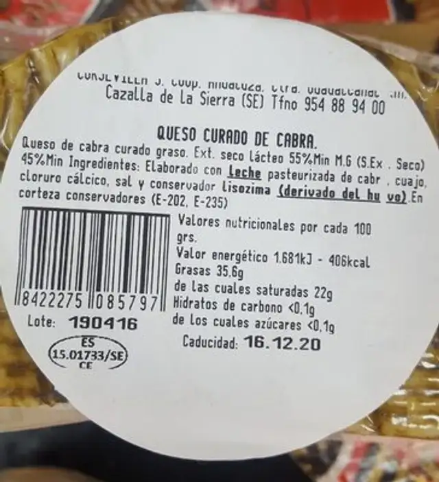 Queso curado de cabra nutrition facts table