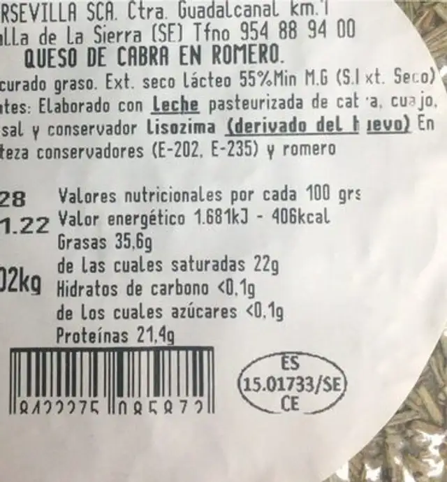 QUESO CURADO DE CABRA nutrition facts table