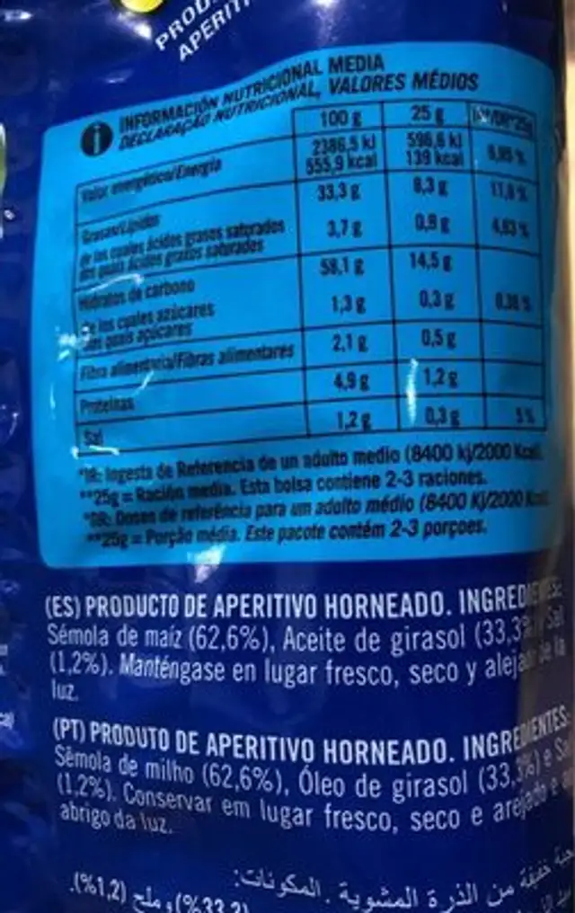 Bokis nutrition facts table