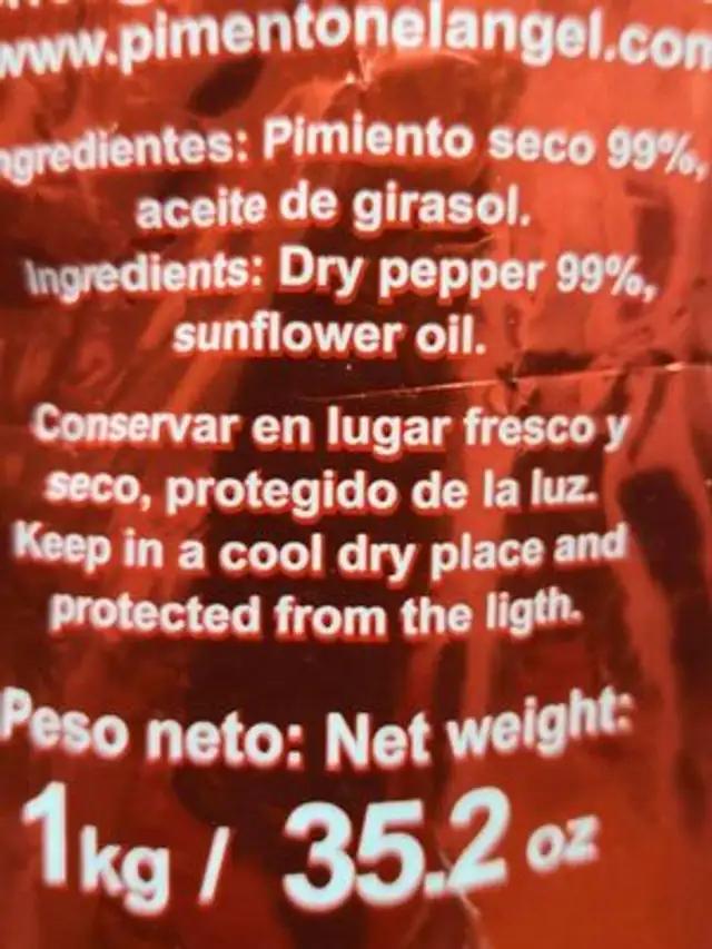 Pimentón nutrition facts table