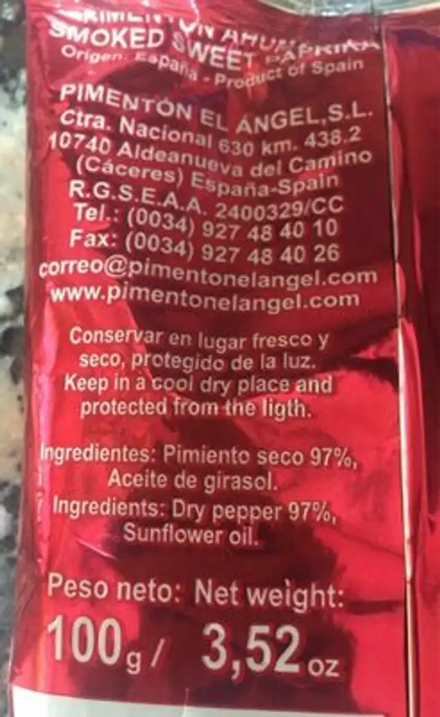 Pimenton nutrition facts table