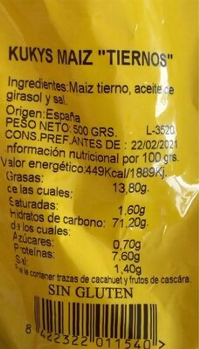 Frutos secos nutrition facts table