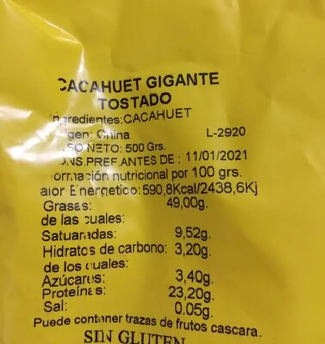 Cacahuete nutrition facts table