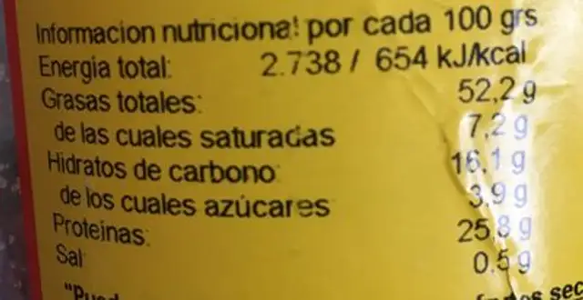 Cacahuete fries nutrition facts table