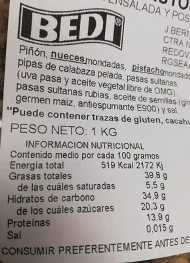 Coctel de frutos secos nutrition facts table