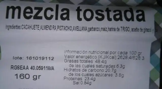 Mezcla de frutos secos tostados nutrition facts table