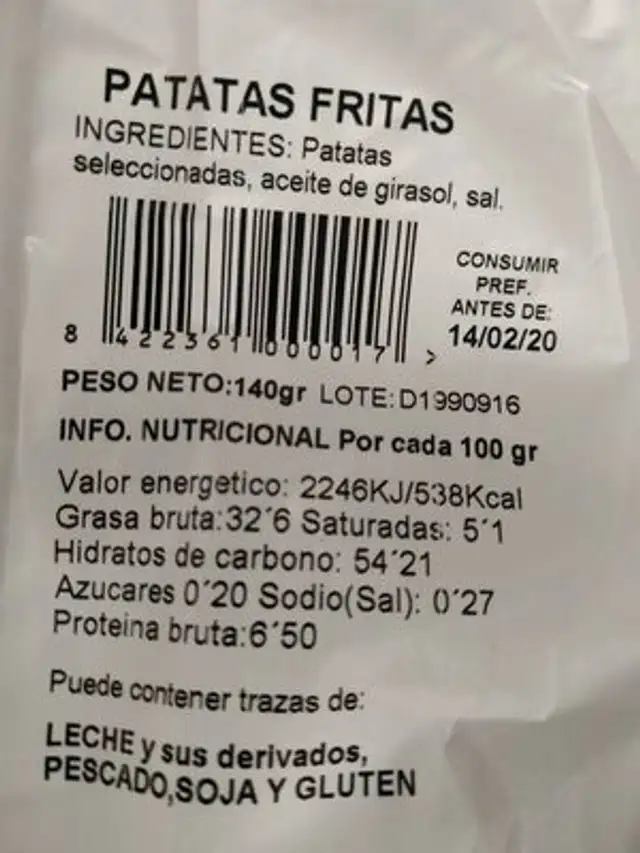 Patatas fritas y aperitivos nutrition facts table
