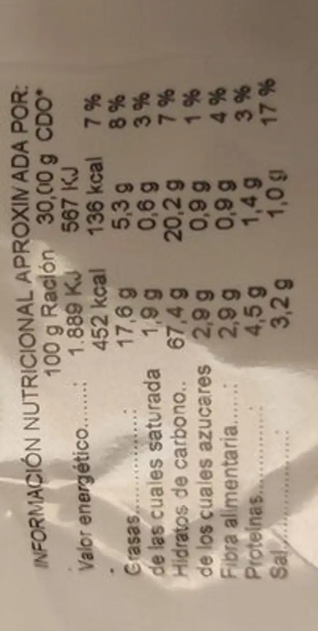 Patatas cerezuela nutrition facts table