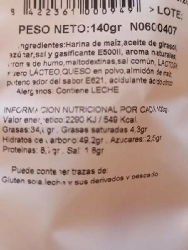 Patatas fritas y aperitivos nutrition facts table
