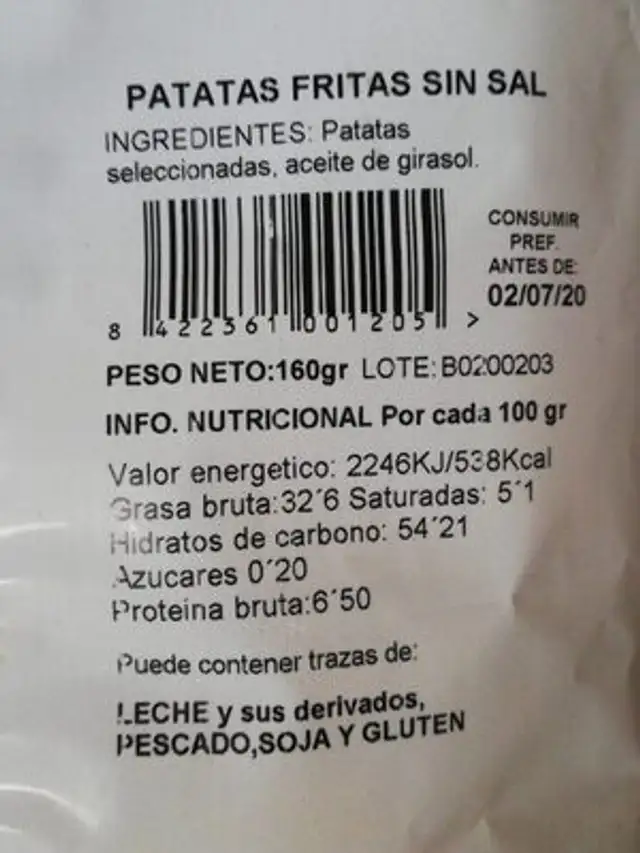 Patatas cerezuela nutrition facts table