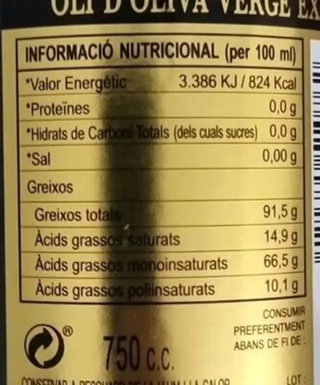 Aceite de oliva virgen extra nutrition facts table