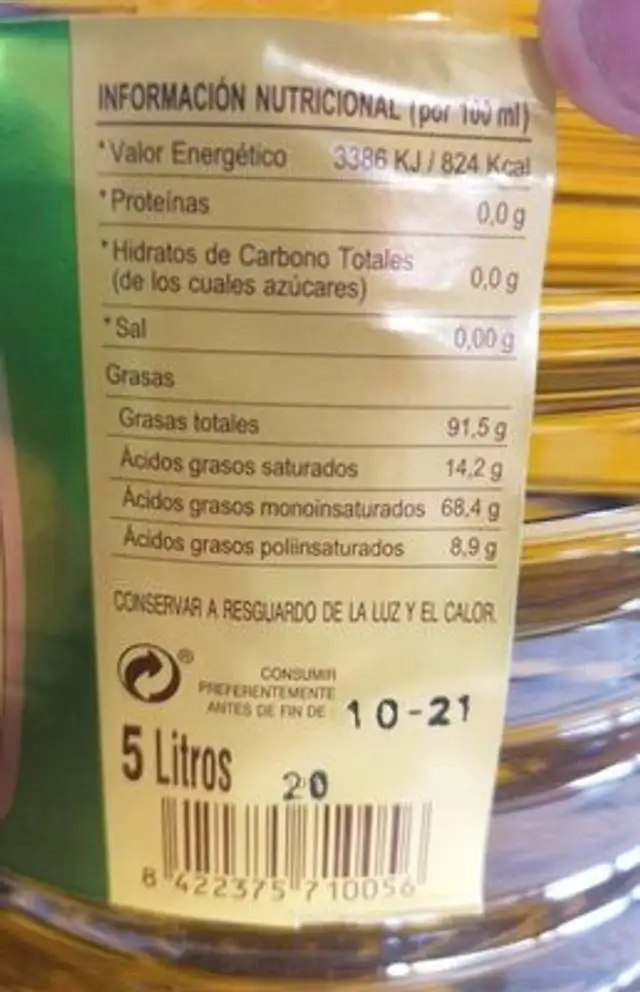 Aceite de oliva virgen GRUSCO nutrition facts table