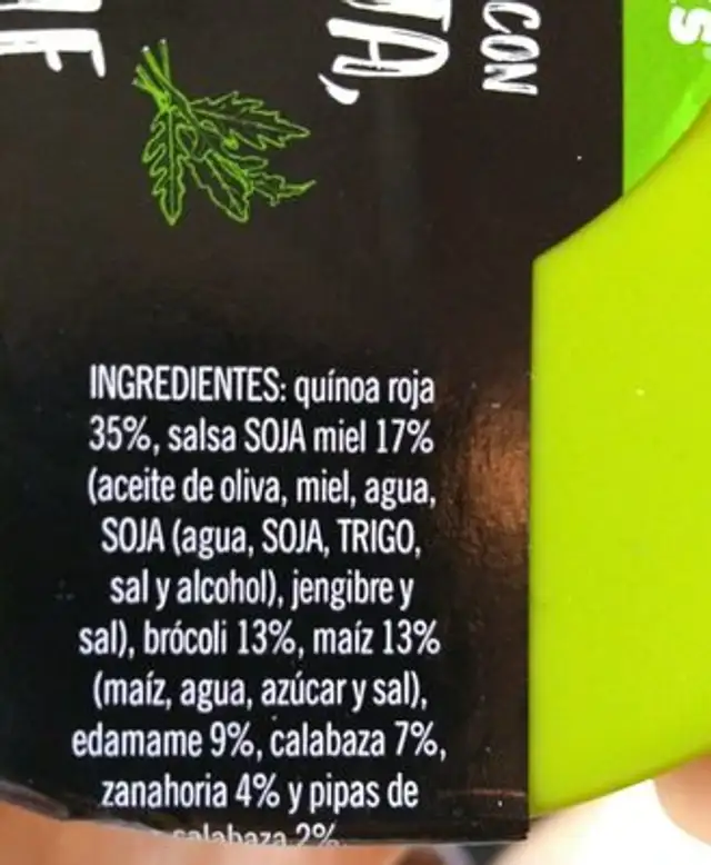 Ensalada con quinoa roja brocoli y edamame ingredients label