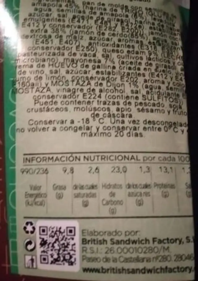 Sándwich Jamón y Queso nutrition facts table
