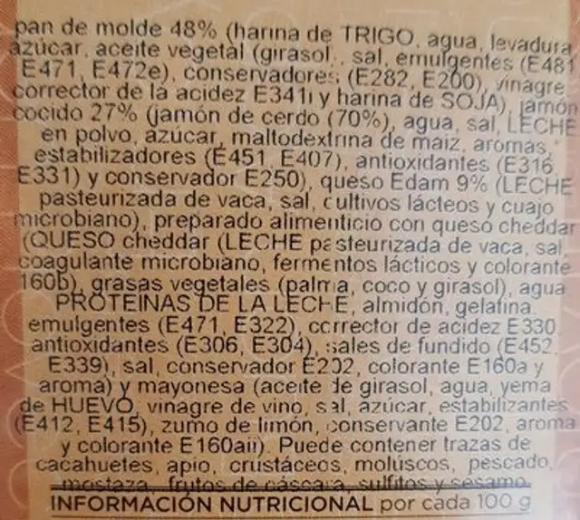 Sandwich mixto ingredients label