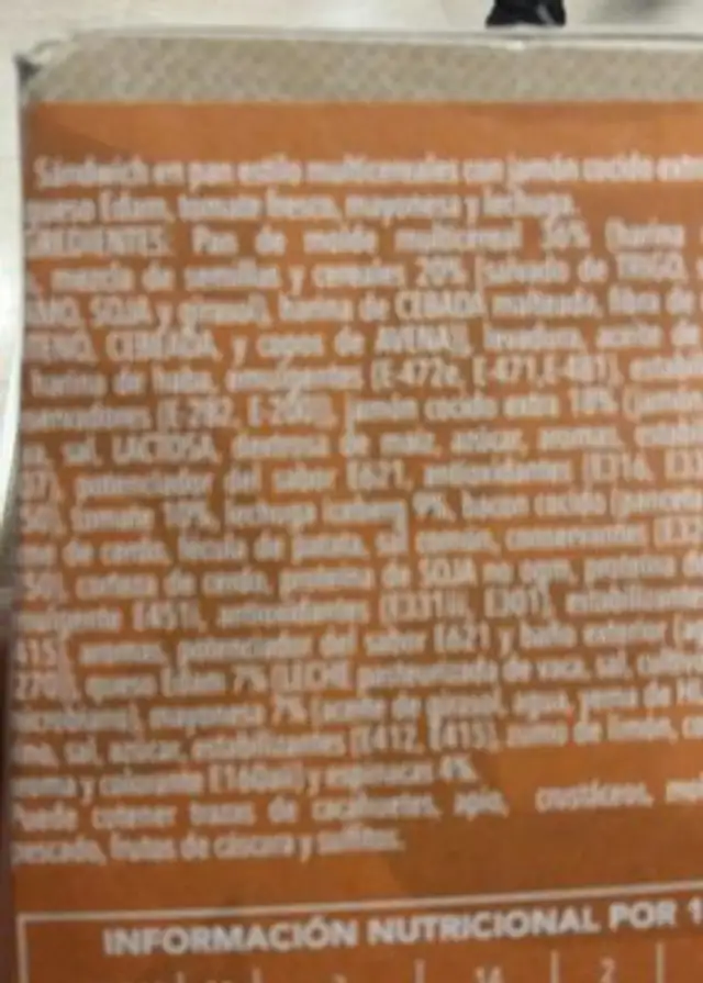 Sandwich ingredients label