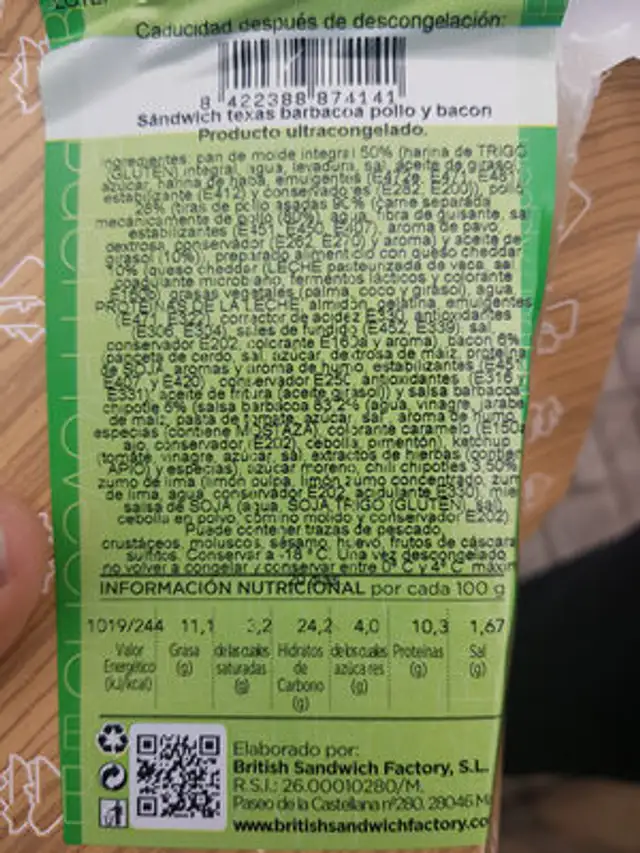 Sándwich Texas barbacoa pollo y bacon ingredients label