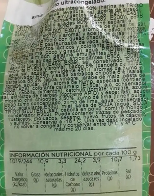 Sándwich Texas barbacoa pollo y bacon nutrition facts table