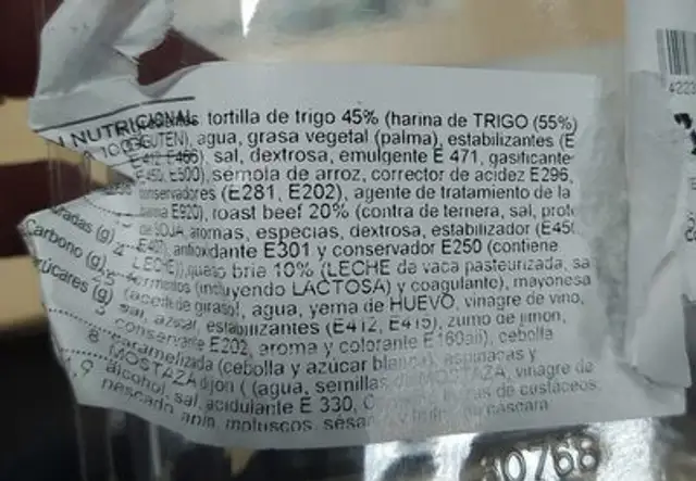Wrap Roast Beef y Brie nutrition facts table