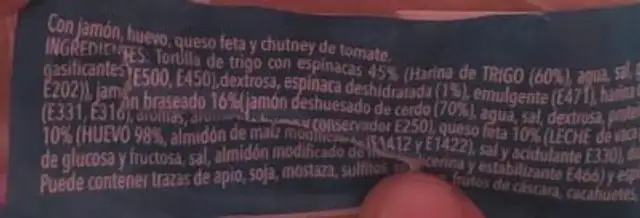 Wrap de espinas ingredients label