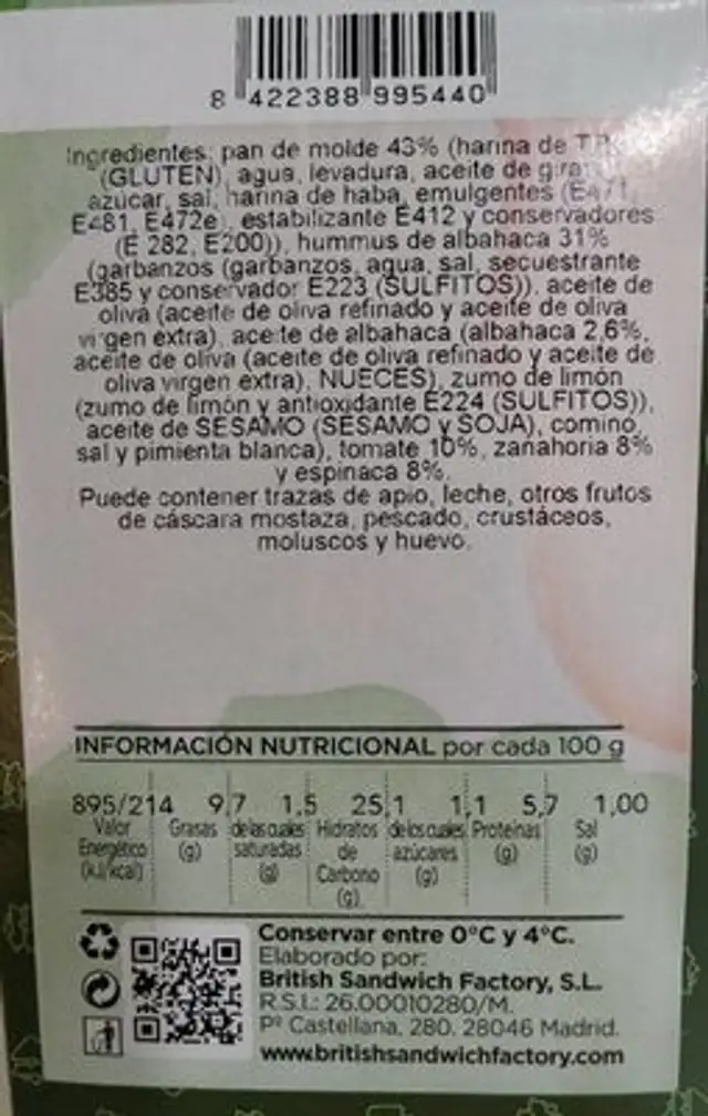 Sandwich vegano con hummus de albahaca nutrition facts table