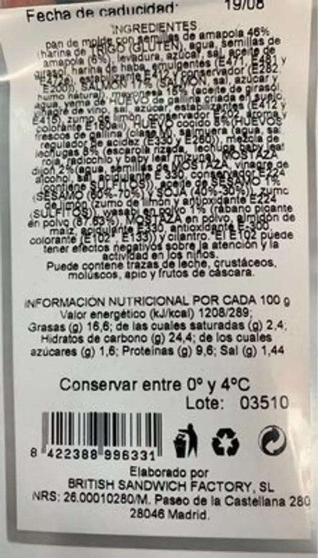 SÁNDWICH SALMÓN WASABI nutrition facts table