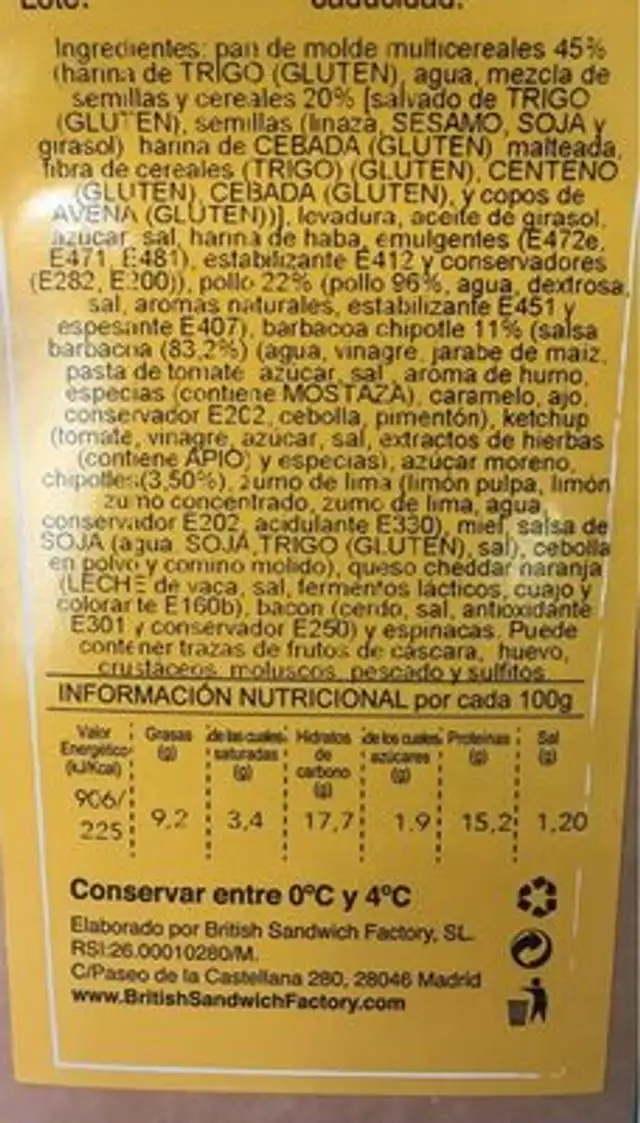 Sándwich Pollo Texas Barbacoa nutrition facts table
