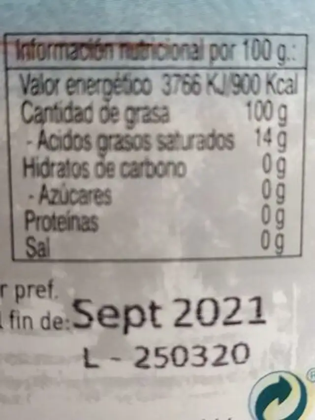 Aceite de oliva virgen ingredients label