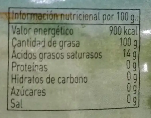 Aceite de oliva virgen nutrition facts table