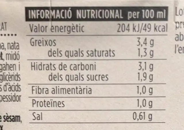 Crema vichysoisse nutrition facts table