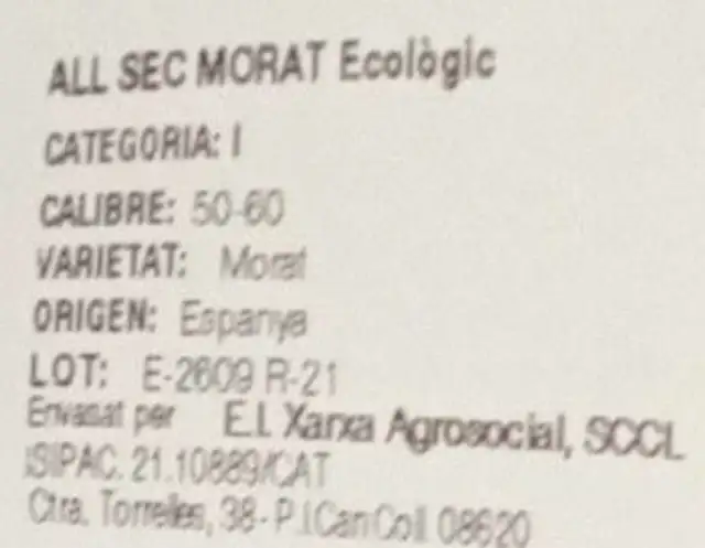 All sec morat ecològic ingredients label