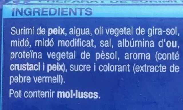 Barretes de surimi ingredients label