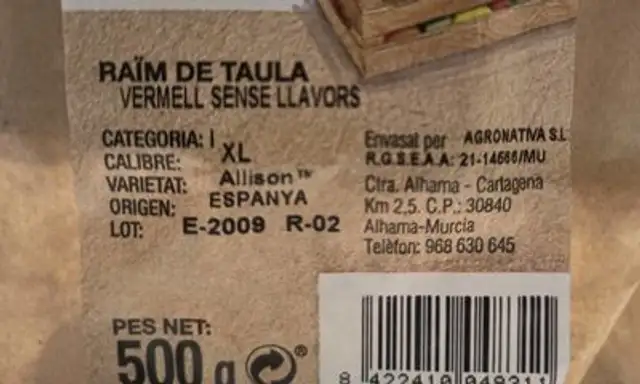 Raïm de taula nutrition facts table