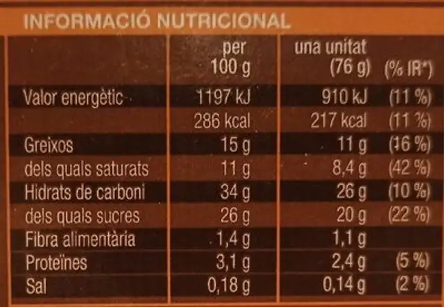 Cucuritxo Sabor de Vainilla i de xocolata nutrition facts table