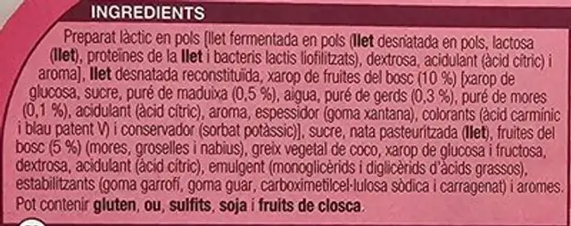 Gelat amb fruites del bosc ingredients label