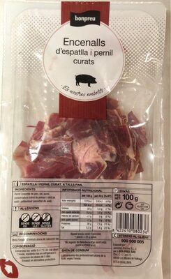 Virutas de espalda y jamon curados front packaging