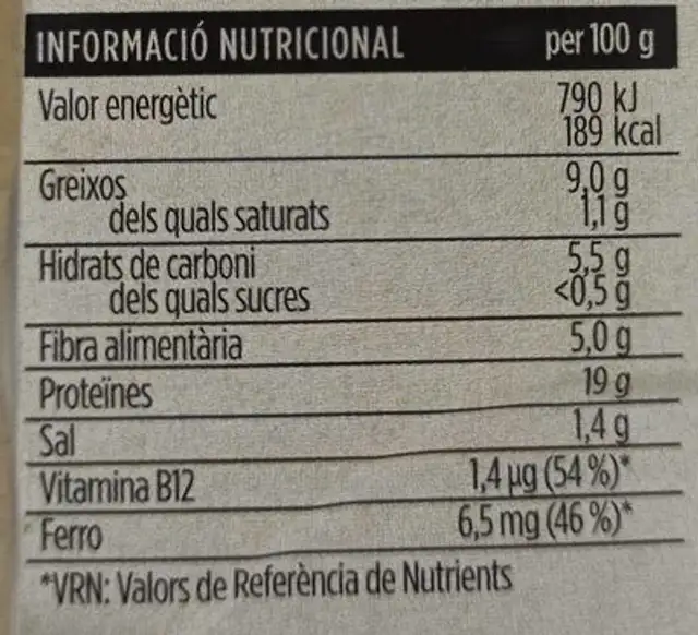 Tires Vegetals nutrition facts table