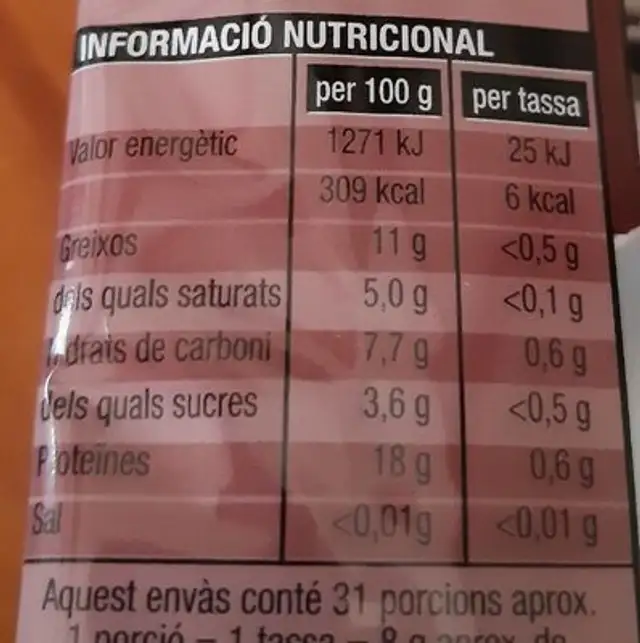 Cafè molt mescla nutrition facts table
