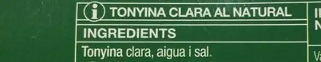 Tonyina clara al natural ingredients label
