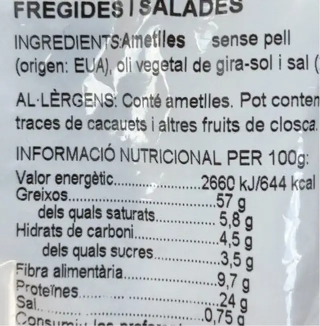 Ametlles fregides i salades nutrition facts table