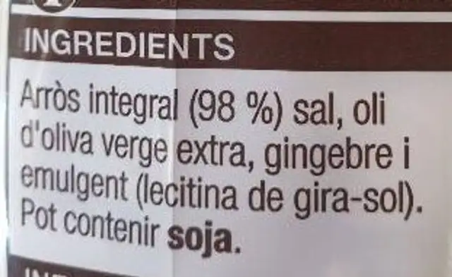 Coquetes d'arròs integral ingredients label