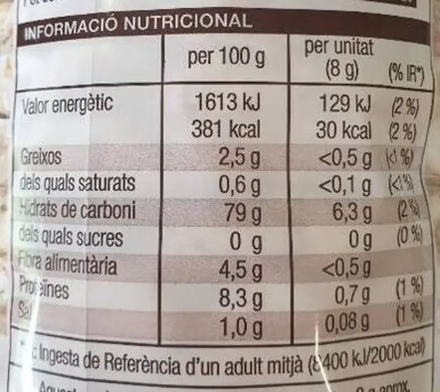 Coquetes d'arròs integral nutrition facts table