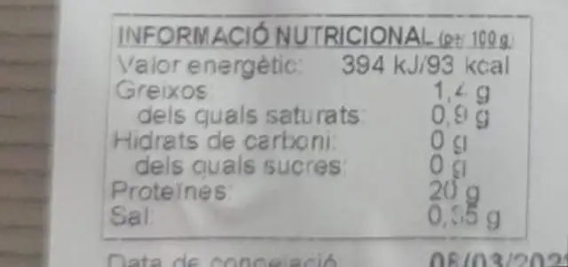 Gamba pelada nutrition facts table