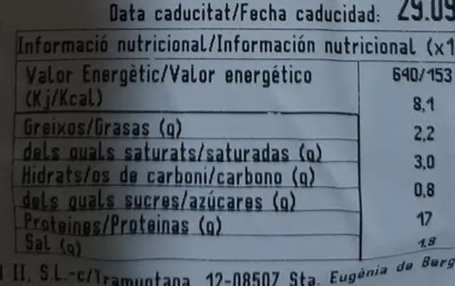 Burger meat de pollastre amb ceba nutrition facts table